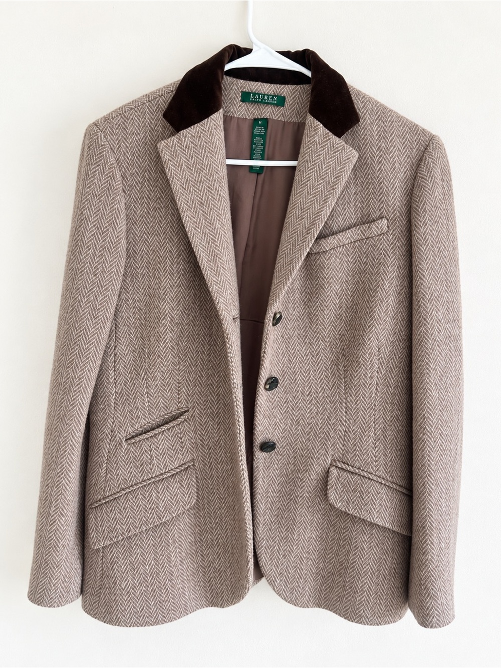 Ralph Lauren Tan Herringbone Wool-Blend Blazer with Dark Brown Velvet Collar